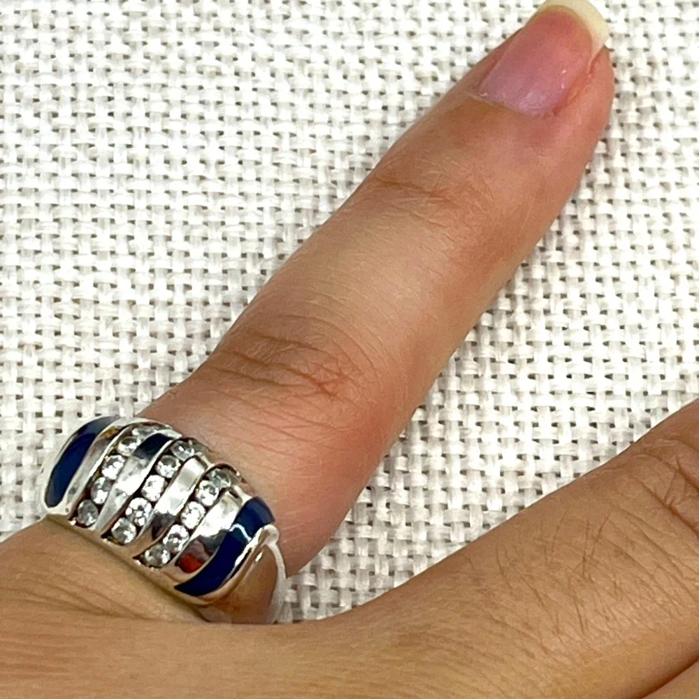 Vintage Sterling Silver Wide Band Ring with Enamel & CZ Accents Size 4.75